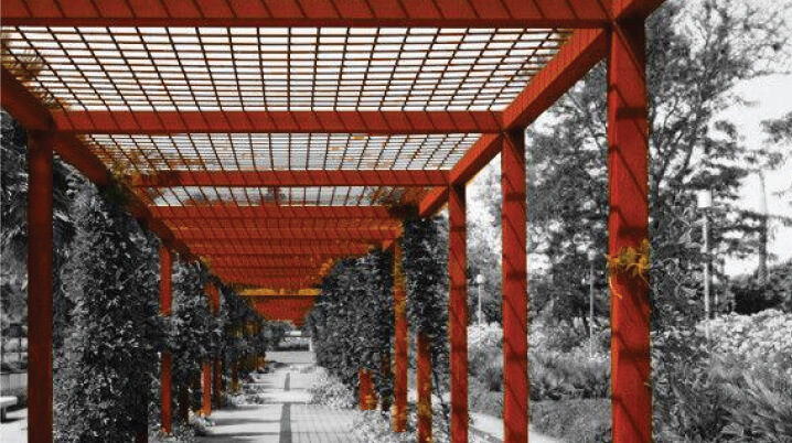 Green Pergola and Seating Benches
